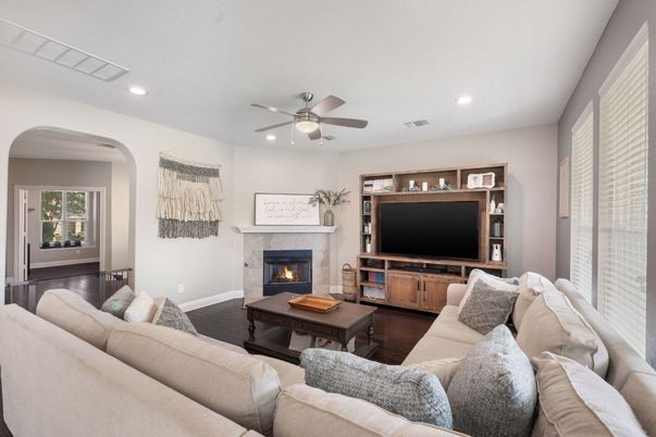 Fireplace, Interior, Living room, Recessed Lighting, Wood Texture Flooring