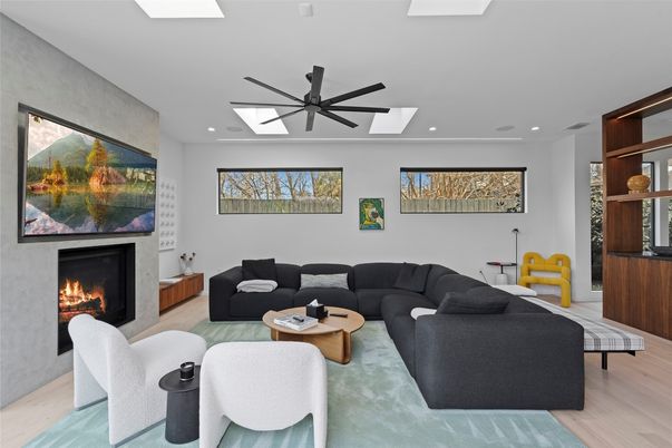 Fireplace, Interior, Living room, Recessed Lighting, Wood Texture Flooring
