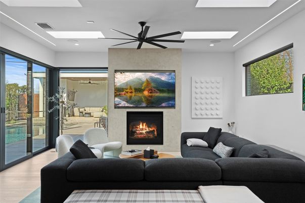 Fireplace, Interior, Living room, Recessed Lighting, Wood Texture Flooring