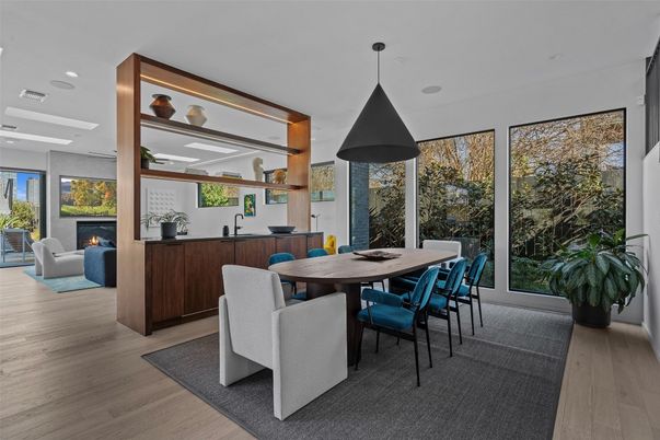 Dining room, Fireplace, Interior, Pendant Lights, Recessed Lighting, Wood Texture Flooring