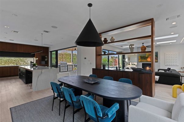 Dining room, Fireplace, Interior, Kitchen, Living room, Pendant Lights, Recessed Lighting, Wood Texture Flooring