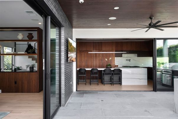 Interior, Kitchen, Recessed Lighting, Stainless Steel Appliances, Wooden Ceilings, Wood Texture Flooring