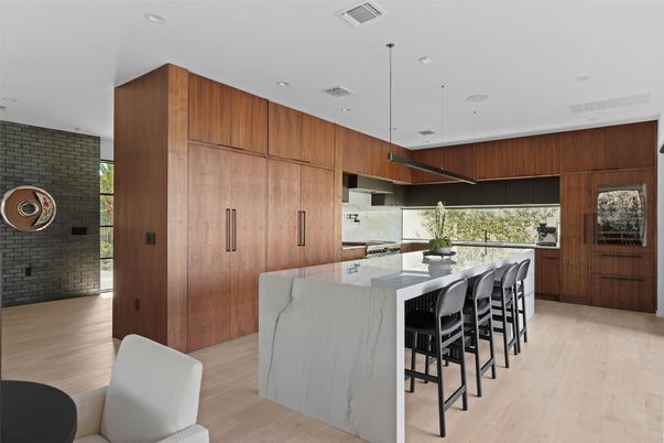 Interior, Kitchen, Pendant Lights, Recessed Lighting, Stone Walls, Wood Texture Flooring