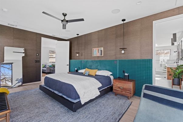 Bedroom, Interior, Pendant Lights, Recessed Lighting, Wood Texture Flooring