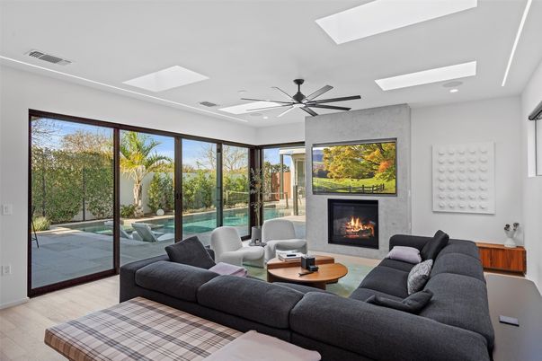 Fireplace, Interior, Living room, Recessed Lighting, Wood Texture Flooring