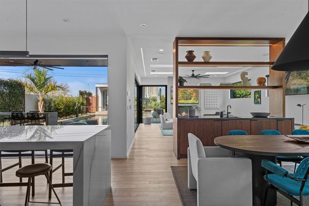 Dining room, Interior, Recessed Lighting, Wood Texture Flooring