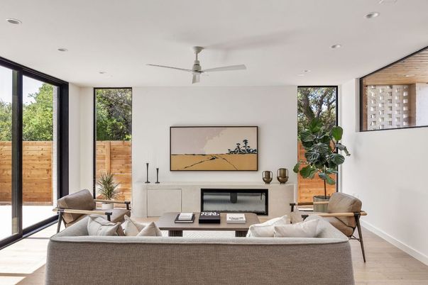 Fireplace, Interior, Living room, Recessed Lighting, Wood Texture Flooring