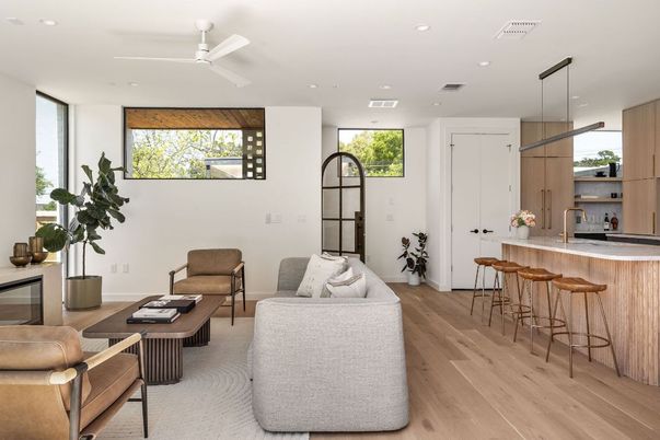 Interior, Kitchen, Living room, Recessed Lighting, Wood Texture Flooring