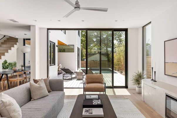 Dining room, Interior, Living room, Pendant Lights, Recessed Lighting, Wood Texture Flooring