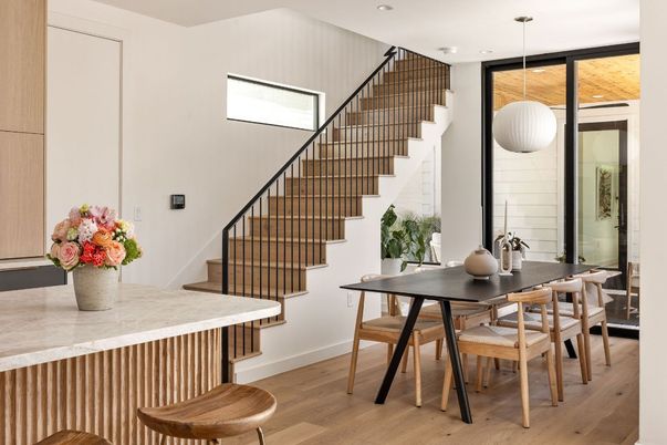 Dining room, Interior, Pendant Lights, Recessed Lighting, Wood Texture Flooring