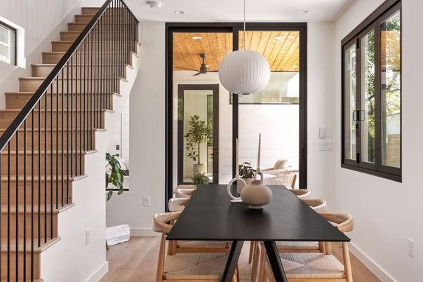 Dining room, Interior, Pendant Lights, Wooden Ceilings, Wood Texture Flooring
