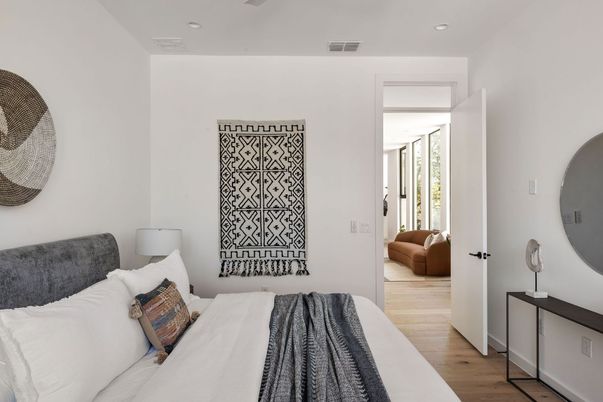 Bedroom, Interior, Recessed Lighting, Wood Texture Flooring
