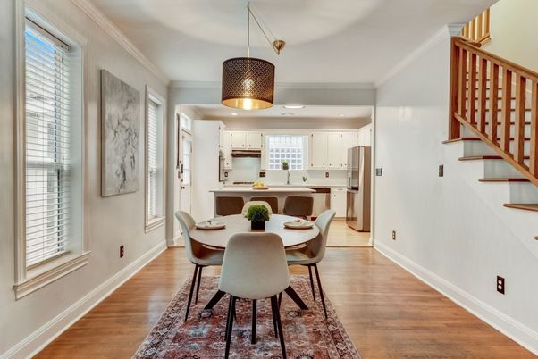 Dining room, Interior, Kitchen, Pendant Lights, Recessed Lighting, Stainless Steel Appliances, Wood Texture Flooring