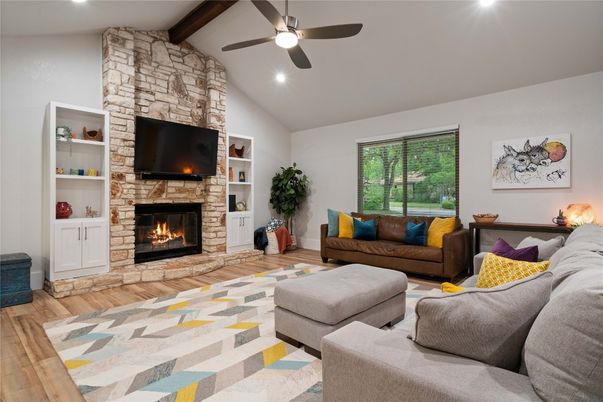 Fireplace, Interior, Living room, Recessed Lighting, Stone Walls, Wooden Beams, Wood Texture Flooring