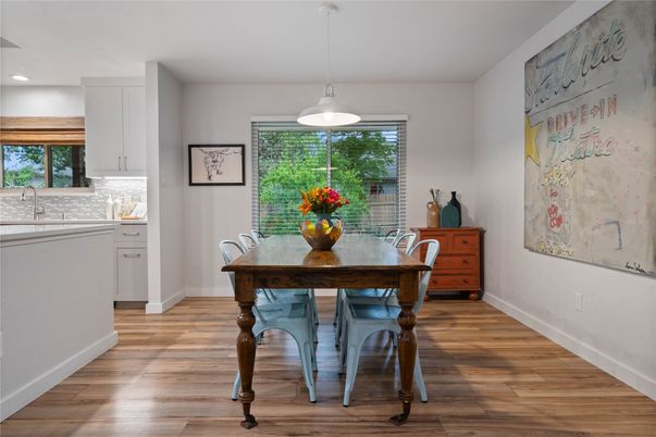 Dining room, Interior, Pendant Lights, Recessed Lighting, Wood Texture Flooring