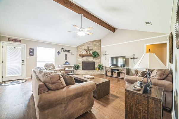 Fireplace, Interior, Living room, Stone Walls, Wooden Beams, Wood Texture Flooring
