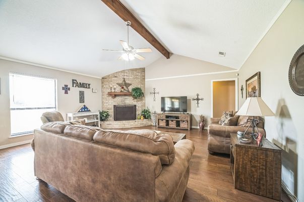 Fireplace, Interior, Living room, Stone Walls, Wooden Beams, Wood Texture Flooring