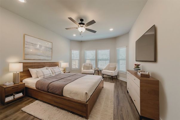 Bedroom, Interior, Recessed Lighting, Wood Texture Flooring