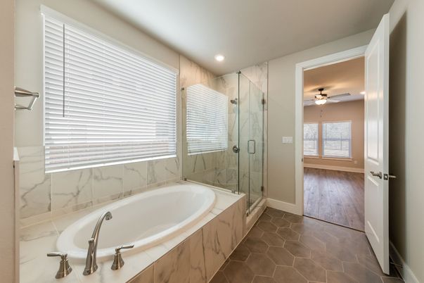 Bathroom, Glass Shower, Interior, Marble Walls, Recessed Lighting, Wood Texture Flooring