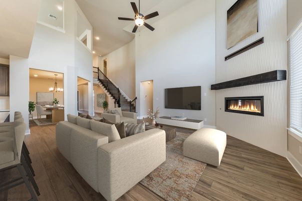 Dining room, Fireplace, Interior, Living room, Pendant Lights, Recessed Lighting, Wood Texture Flooring