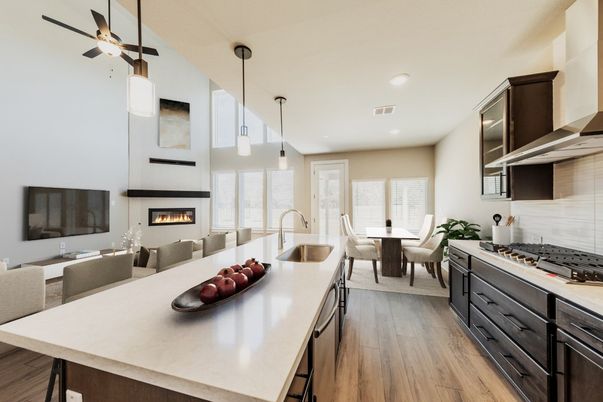 Dining room, Fireplace, Interior, Kitchen, Living room, Pendant Lights, Recessed Lighting, Stainless Steel Appliances, Wood Texture Flooring