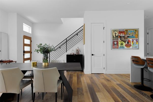 Dining room, Interior, Recessed Lighting, Wood Texture Flooring