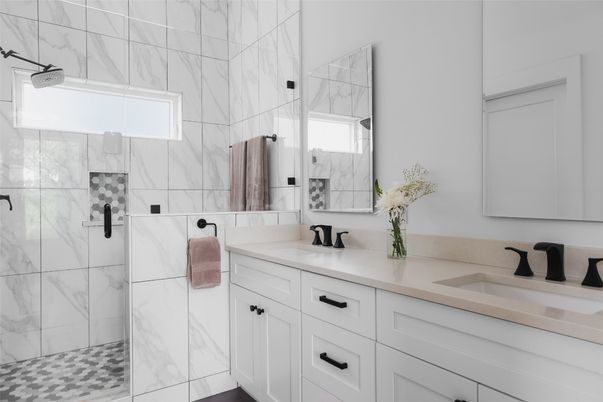 Bathroom, Dual Sink Vanities, Glass Shower, Interior, Marble Walls