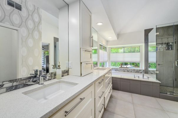 Bathroom, Dual Sink Vanities, Glass Shower, Interior, Recessed Lighting