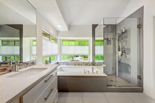 Bathroom, Dual Sink Vanities, Glass Shower, Interior, Recessed Lighting