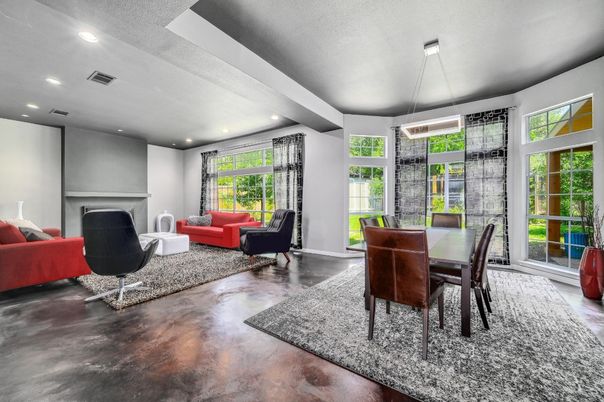 Dining room, Fireplace, Interior, Living room, Pendant Lights, Recessed Lighting