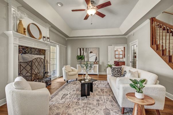 Fireplace, Interior, Living room, Recessed Lighting, Wood Texture Flooring