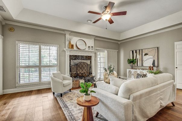 Fireplace, Interior, Living room, Recessed Lighting, Wood Texture Flooring