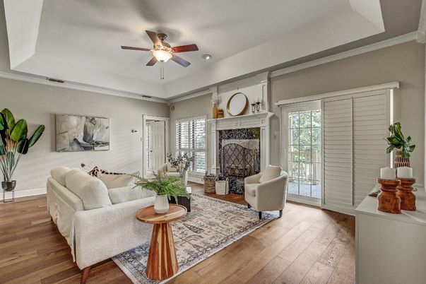 Fireplace, Interior, Living room, Recessed Lighting, Wood Texture Flooring
