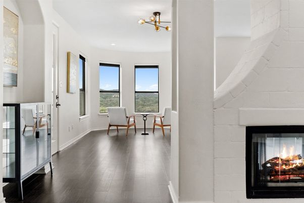 Fireplace, Interior, Recessed Lighting, Wood Texture Flooring
