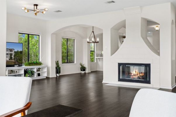 Chandelier, Fireplace, Interior, Pendant Lights, Wood Texture Flooring