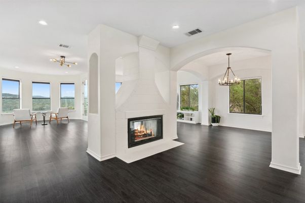 Chandelier, Dining room, Fireplace, Interior, Pendant Lights, Recessed Lighting, Wood Texture Flooring