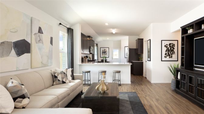 Interior, Kitchen, Living room, Recessed Lighting, Wood Texture Flooring