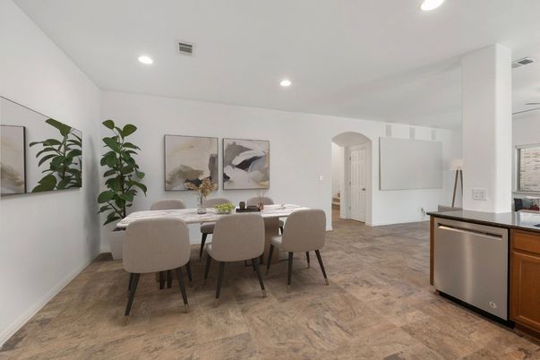 Dining room, Interior, Kitchen, Recessed Lighting, Stainless Steel Appliances, Wood Texture Flooring