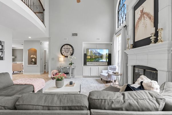Fireplace, Interior, Living room, Recessed Lighting, Wood Texture Flooring