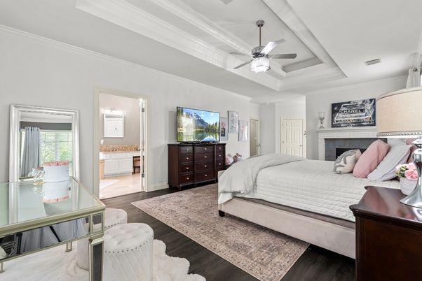 Bedroom, Fireplace, Interior, Wood Texture Flooring