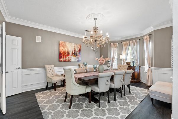 Chandelier, Dining room, Interior, Wood Texture Flooring
