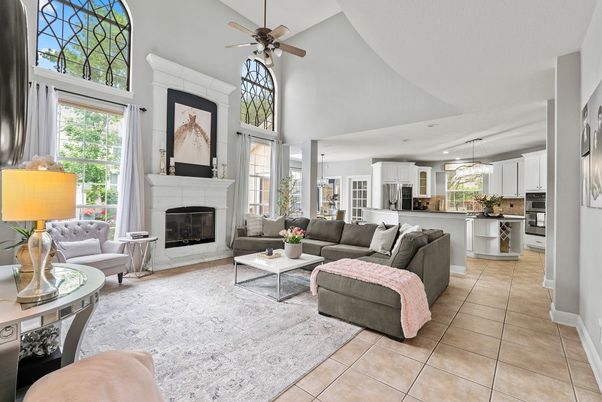Fireplace, Interior, Kitchen, Living room, Pendant Lights, Recessed Lighting, Stainless Steel Appliances