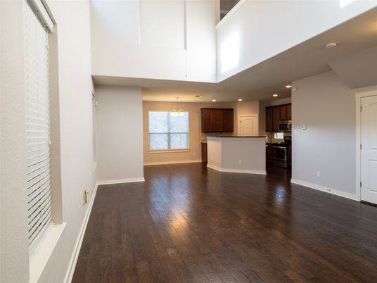 Chandelier, Empty room, Interior, Kitchen, Recessed Lighting, Wood Texture Flooring