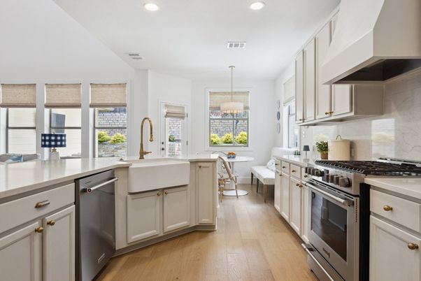 Dining room, Interior, Kitchen, Pendant Lights, Recessed Lighting, Stainless Steel Appliances, Wood Texture Flooring