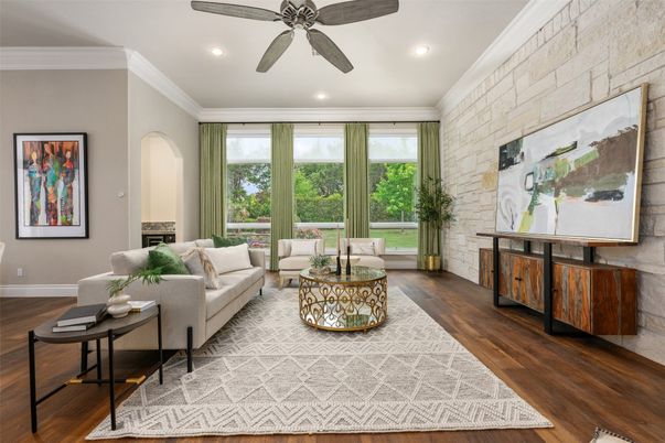 Fireplace, Interior, Living room, Recessed Lighting, Stone Walls, Wood Texture Flooring