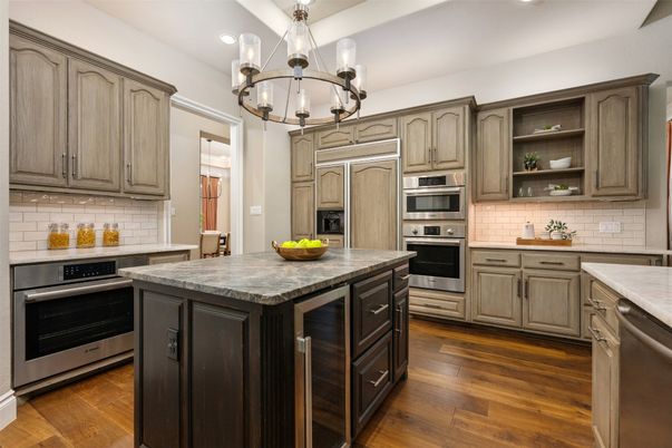 Chandelier, Interior, Kitchen, Recessed Lighting, Stainless Steel Appliances, Wood Texture Flooring