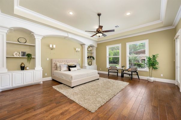 Bedroom, Interior, Recessed Lighting, Wood Texture Flooring