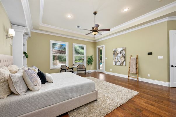 Bedroom, Interior, Recessed Lighting, Wood Texture Flooring