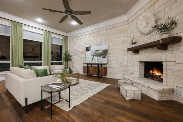 Fireplace, Interior, Living room, Recessed Lighting, Stone Walls, Wood Texture Flooring