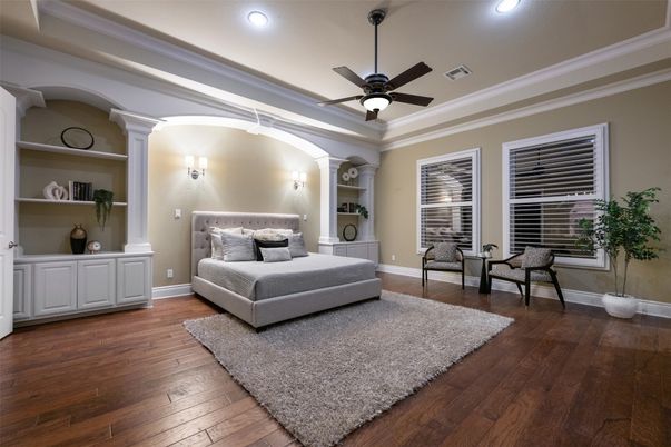 Bedroom, Interior, Recessed Lighting, Wood Texture Flooring
